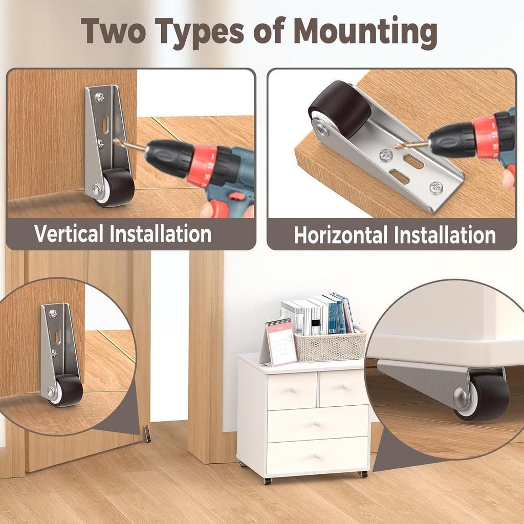 4 Pcs Heavy-Duty Metal Caster Wheels – 360° Rotatable Rubber Wheels for Furniture, Drawer, Door & Storage Box | Smooth & Durable Side-Mount Design