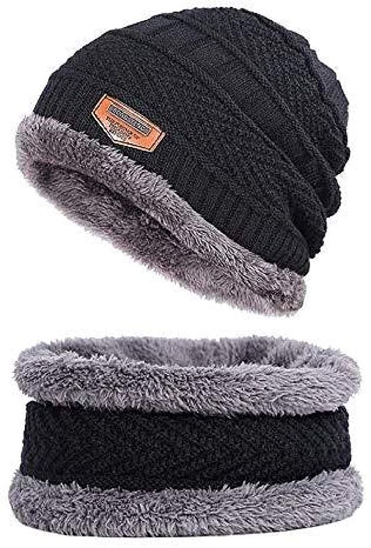 Winter Woolen Beanie Cap with Neck Warmer Set | Unisex Knitted Thermal Fleece Lined Hat & Scarf Combo | Stylish Outdoor Cold Protection Set